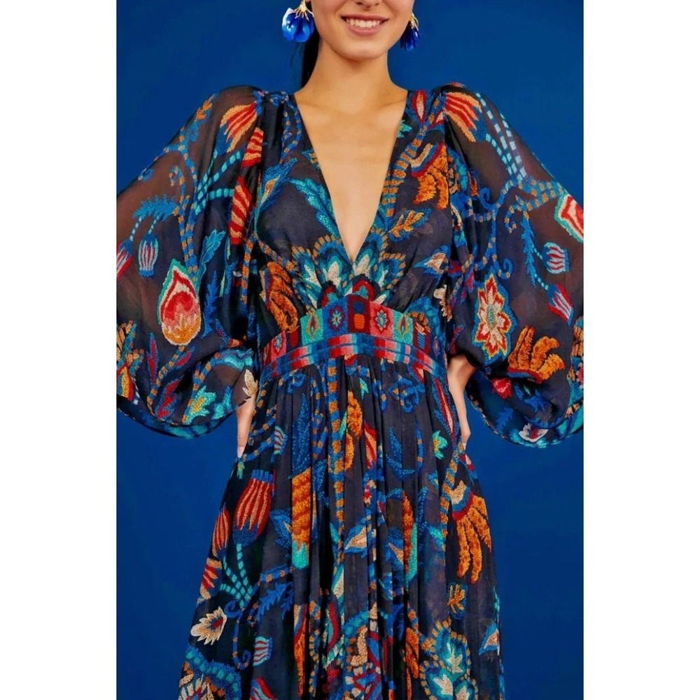 FARM Rio Sunset Tapestry Multicolor Floral Maxi Kaftan Dress, NWT - Picture 2 of 10